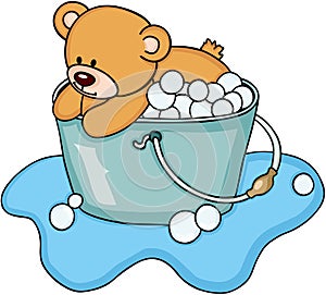 Teddy bear taking a bubble bath