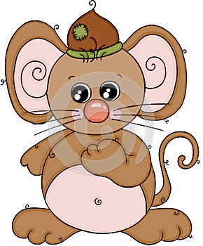 Cute brown mouse with acorn hat