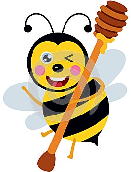 Happy bee carrying a wooden honey spoon