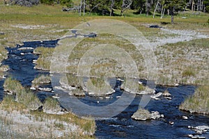 Scalding water flowing in a thermal desert at Upper Geyser Basin in Yellowstone National Park, Wyoming photo