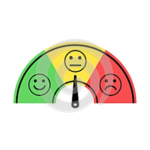 Scale with arrow from green to red and smileys. Colored scale of emotions. Measuring device icon sign. Vector