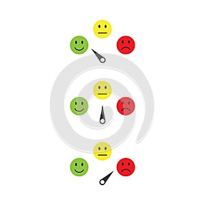 Scale with arrow from green to red and smileys. Evaluation icon. Colored scale of emotions. Measuring device icon sign. Vector