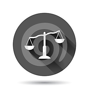 Scale balance icon in flat style. Justice vector illustration on black round background with long shadow effect. Judgment circle