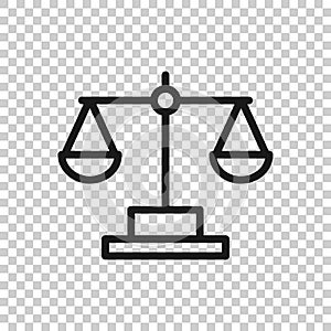 Scale balance icon in flat style. Justice vector illustration on white isolated background. Judgment business concept