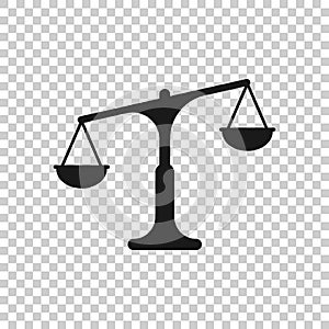 Scale balance icon in flat style. Justice vector illustration on white isolated background. Judgment business concept