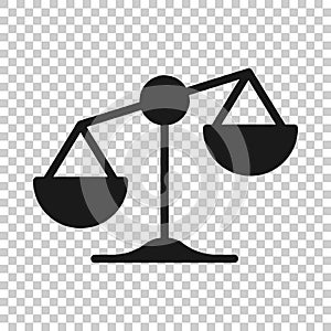 Scale balance icon in flat style. Justice vector illustration on white isolated background. Judgment business concept