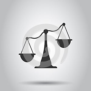 Scale balance icon in flat style. Justice vector illustration on white isolated background. Judgment business concept