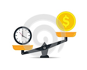 Scale balance of time is money. Value money comparison and time in flat style. Money and time balance on measure scale. Compare