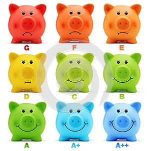 Scale class energy savings efficiency of colorful piggy bank