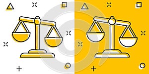 Scale comparison icon in comic style. Balance weight vector cartoon illustration pictogram. Scale compare business concept splash