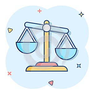 Scale comparison icon in comic style. Balance weight vector cartoon illustration pictogram. Scale compare business concept splash