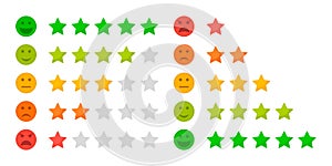 Scale with emoji and stars. Service for rating, survey and feedback from customer. Smiley with level of satisfaction. Happy or bad