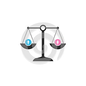 Scale in equilibrium with male and female icons showing an equality and perfect balance between the sexes. Stock Vector