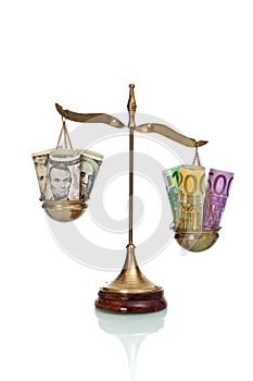 Scale with euro and dollar banknotes