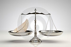 Scale with feather on the left side and empty on another one. The concept of easy choice. Rebalancing investment photo