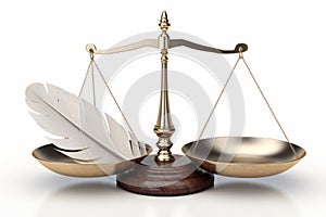 Scale with feather on the left side and empty on another one. The concept of easy choice. Rebalancing investment photo