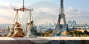 A scale featuring bags of money in front of the iconic France Eiffel Tower in Paris, surrounded by the picturesque