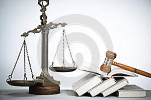 Scale of justice. Wooden judge`s gavel. The criminal law