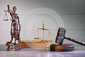 Scale of justice. Wooden judge`s gavel. The criminal law.