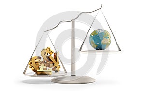 A scale with money and planet earth on the other side 3d-illustration
