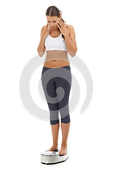 Scale, problem and woman shocked with weight loss fail, bad exercise results and unhappy about workout progress. Studio