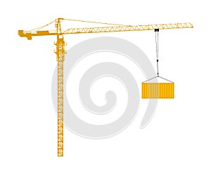 Scale tower crane vector isolated on white. Building machine on construction site. Tower construction crane container, cable hook.