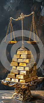 A scale unbalanced by gold bars symbolizing the disparity and injustice stemming from corrupt practices photo