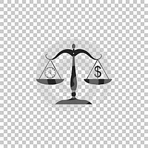 Scale weighing money and time icon isolated on transparent background. Scales with hours and a coin. Balance between