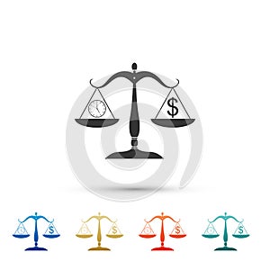 Scale weighing money and time icon on white background. Scales with hours and a coin. Balance between work and the given