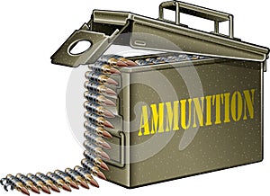 Ammunition belt with gun cartridges in ammunition box photo