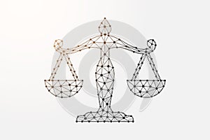 Scales 3d low poly symbol with connected dots. Justice, law design vector illustration. Balance polygonal wireframe