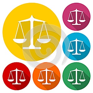 Scales balance icon, Justice Scale Icons set with long shadow