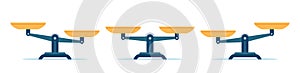 Scales in balance and imbalance. Flat libra icon with gold bowls in equal position. Weight mass comparison on leverage photo