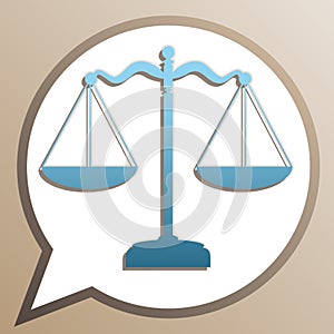 Scales balance sign. Bright cerulean icon in white speech balloon at pale taupe background. Illustration