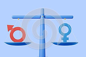 Scales on blue background, gender equality concept