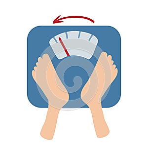 Scales detect weight loss by number and an arrow. Scales and feet. Isolated flat illustration on a white backgroud