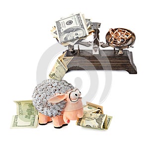 Scales with dollars and jewels, a piggy bank with banknotes isolated on a white . Collage