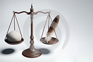 Scales with a feather and a stone. Space for text.