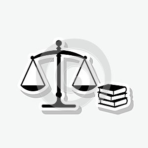 Scales of justice and book sticker icon isolated on grey background