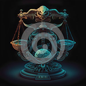 Scales of justice on dark background. 3D illustration. Retro style. photo