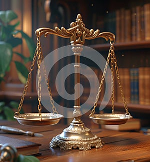 Scales of justice on desk in the library photo