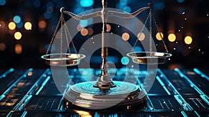 Scales of justice in a futuristic cyber world, symbolizing law, order, and legal technology in a digital era with blue neon lights