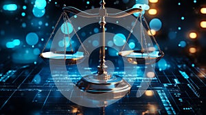 Scales of justice in a futuristic cyber world symbolizing law order and legal technology in a digital era with blue neon lights