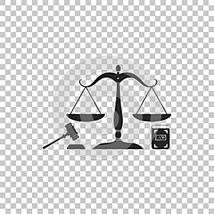 Scales of justice, gavel and book icon isolated on transparent background. Symbol of law and justice. Concept law. Legal