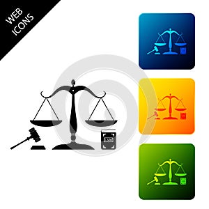 Scales of justice, gavel and book icon isolated on white background. Symbol of law and justice. Concept law. Legal law