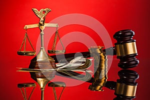 Scales of justice gavel and money