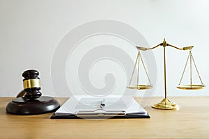 Scales of justice and Gavel on sounding block, object and law bo