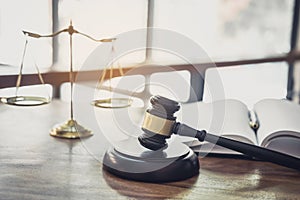 Scales of justice and Gavel on sounding block, object and law book to working with judge agreement in Courtroom, Justice and Law