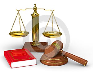 Scales justice and hammer on white background