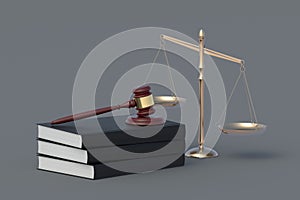 Scales of justice near gavel and stack of books. Legal law concept. Punishment and responsibility